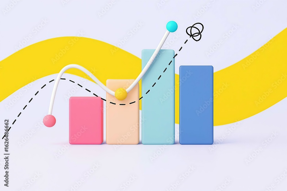 Poster abstract 3d bar graph showing upward trend with playful wavy lines and spheres