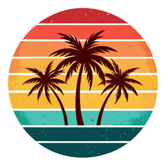 Vintage Tropical Scene with Distressed Sunset Bands and Bold Palm Silhouettes – Geometric Minimalist Vector Design