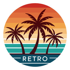 Retro Circular Tropical Composition with Geometric Palms and Clean Typography – Layered Sunset Shape in Soft Gradients