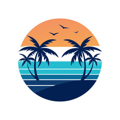 Sunset Reflection over Ocean with Centered Palm Silhouettes and Birds in Flight – Simplified Smooth Vector Lines on White