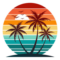 Twin Palm Trees under Vintage Layered Sunset with Wave Curves – Clean Geometry and Sunset Tones for Apparel Vector Art