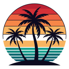 Surfer Walking into Waves beneath Striped Sun with Teal and Orange Tones – Circular Retro Vector Scene with Simple Horizons