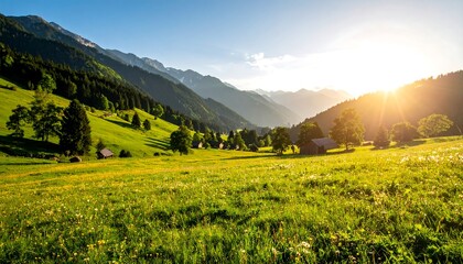 Mountain valley meadow at sunset