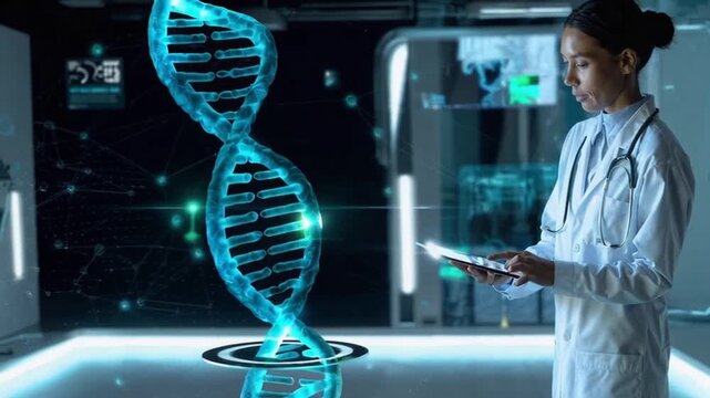 Doctor using digital tablet with holographic DNA strand, symbolizing genetics, biotechnology, medical research and personalized healthcare innovation.