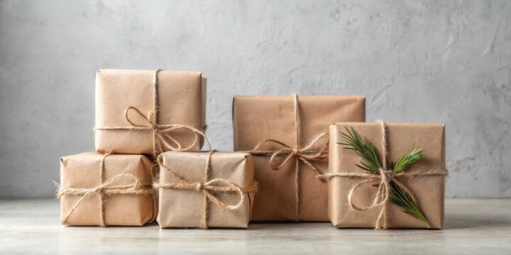 Rustically Wrapped Gifts with Natural Twine and Greenery on a Neutral Background