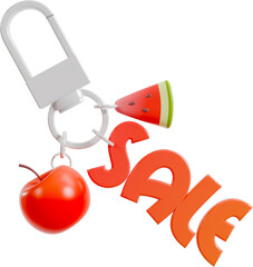 수박과 사과가 달린 귀여운 키링 형태의 세일 아이콘, A cute key ring-type sale icon with watermelon and apple