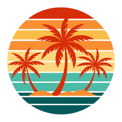 Tropical Summer Vector with Classic Beach Silhouettes in Circular Frame – Striped Retro Sunset in Warm Earthy Tones
