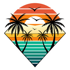 Retro Summer Design in Diamond Frame with Bold Palm Silhouettes and Sunburst Gradient – Minimal Details for Vector Clarity
