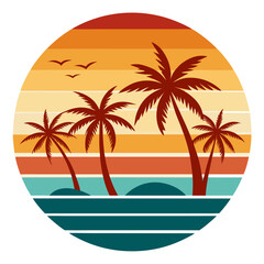 Vintage Diamond-Shaped Vector of Tropical Island with Palms and Birds – Striped Gradient Sun with Clean Composition