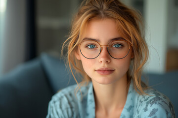 Fototapeta premium Portrait of a young woman with blonde hair and blue eyes wearing round glasses with a blue shirt in a simple, elegant setting.