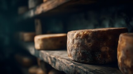 Aged cheese wheels in a dimly lit storage room
