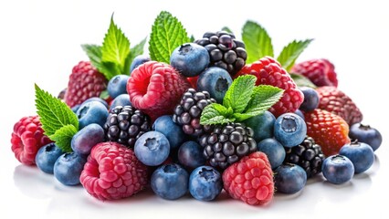 A vibrant and tempting medley of fresh raspberries, blueberries, and blackberries, artfully arranged with sprigs of refreshing mint leaves, creating a mouthwatering display of summer's bounty.