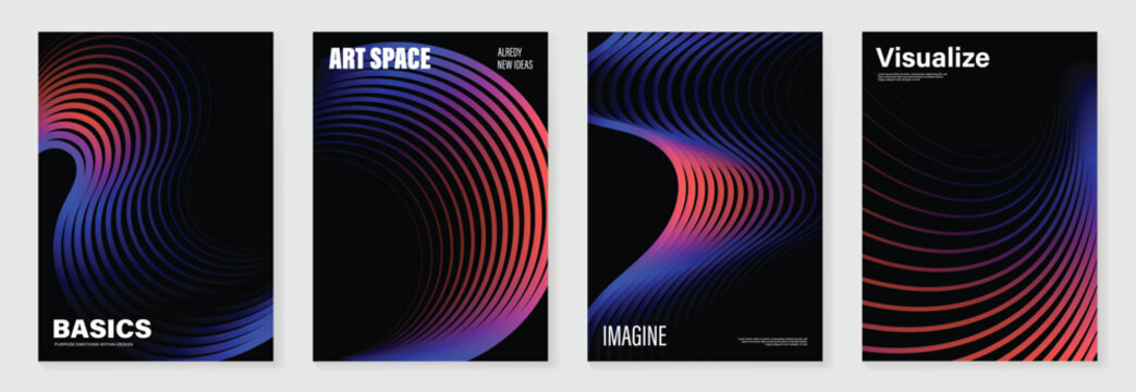 Abstract line wave gradient poster background vector set. Minimalist cover template with vibrant perspective line wave in motion. Ideal design for social media, cover, banner, flyer, music, ads.