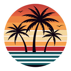 Flat Retro Hawaiian Beach Landscape at Dusk with Palm Silhouettes and Vibrant Sun Stripes – Subtle Gradients, Negative Space, Visual Balance