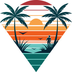 Geometric Summer Beach Scene with Surfer Couple and Vintage Sunset Hues