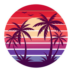 Retro Hawaiian Sunset Vector with Purple-Red Gradient and Palm Silhouettes