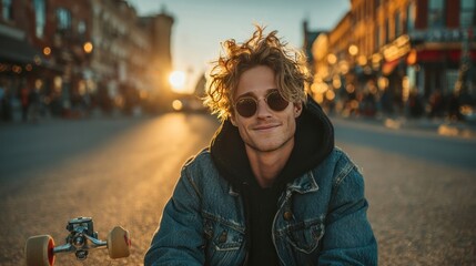 Young man sitting on skateboard and playing during sunny day