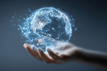 Holding Glowing Digital Globe World with Network Connections in Open Hands. MZ 