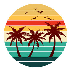 Flat Retro Beach Horizon with Birds and Palm Trees in Silhouette