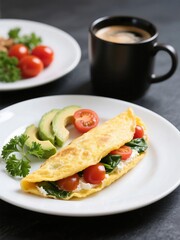 Golden omelet stuffed with fresh spinach, cherry tomatoes and cream cheese, served with avocado slices, parsley and a warm black coffee cup