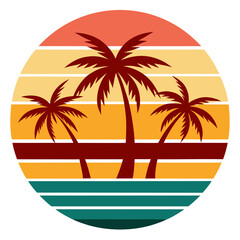 Tropical Beach with Three-Stripe Retro Horizon and Ocean Waves