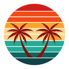 Palm Silhouettes with Radiating Retro Sunset Lines in Clean Layout