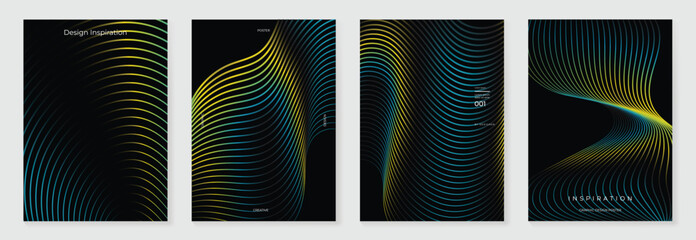 Abstract line wave gradient poster background vector set. Minimalist cover template with vibrant perspective line wave in motion. Ideal design for social media, cover, banner, flyer, music, ads.