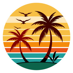 Tropical Beach Scene with Palm Trees, Sunset Stripes, and Sailboat