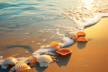 Golden hour light washing over seashells along foamy shoreline, capturing peace, nature, and beachside serenity.