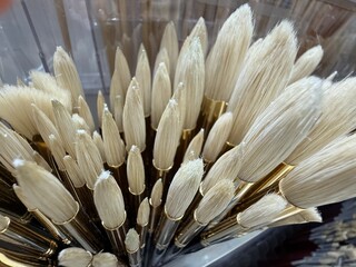 Closeup of artist paintbrushes with natural bristles in various sizes and shapes