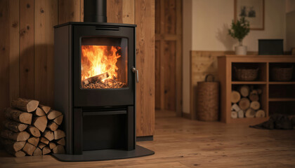 Cozy modern living room with black fireplace. Wood pellet stove with burning fire creates warm glow. Bookshelf with books, vase, potted plant adds to homely atmosphere. Hardwood floor complements