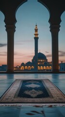 Prayer Rug Overlooking Mosque at Dusk