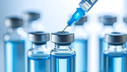 Syringe injecting blue liquid into a glass vial, multiple vials in the background