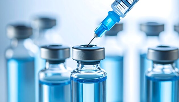 Syringe injecting blue liquid into a glass vial, multiple vials in the background
