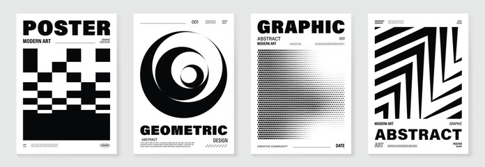 Fototapeta na wymiar Abstract monochrome poster background vector set. Modern cover template with black and white perspective geometric prism shape, line, dot halftone. Ideal design for social media, banner, ads.