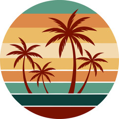 Tropical Landscape in Retro Circle with Warm Color Bands