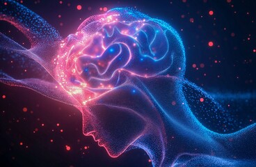 Fototapeta premium Abstract digital human head outline formed with glowing particles, conveying connection and intelligence.