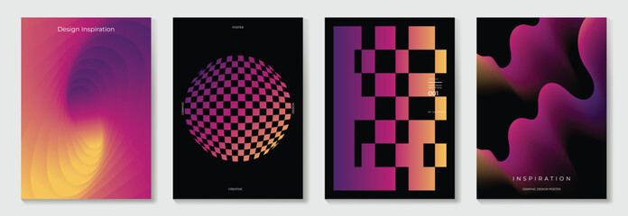 Naklejka na ściany i meble Modern gradient poster background vector set. Minimalist cover template with vibrant perspective geometric shapes different. Ideal design for social media, cover, banner, flyer.