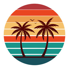 Minimal Beach Scene with Two Palms and Ocean in Vintage Hues