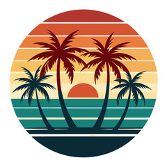 Tropical Beach Badge with Sunset Layers and Palm Silhouettes
