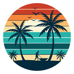 Muted Sunset with Surfer and Palms in Rectangular Retro Frame