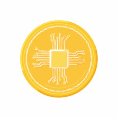 Golden digital coin with integrated circuit illustration