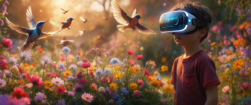 little boy using virtual reality headset to exploring new things in garden with birds	
