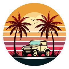 Off-Road UTV Scene with Palms and Sunset Circle in Vintage Hues
