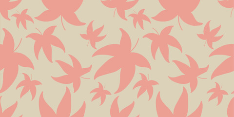 Pastel autumn seamless pattern with falling pink maple leaves of different sizes on beige background. Perfect for seasonal fabric prints, packaging and wallpapers