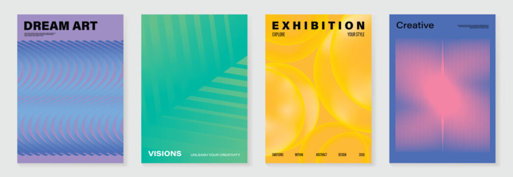 Modern gradient poster background vector set. Minimalist cover template with vibrant perspective geometric shapes different. Ideal design for social media, cover, banner, flyer.