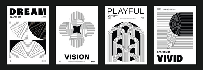 Plakat Abstract monochrome poster background vector set. Modern cover template with black and white perspective geometric shape, line. Ideal design for social media, banner, ads.