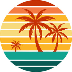 Classic Wave with Layered Sunset and Palms on Horizon