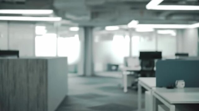 Modern open office space with empty desks and cubicles ready for employees to start working creating a collaborative work environment