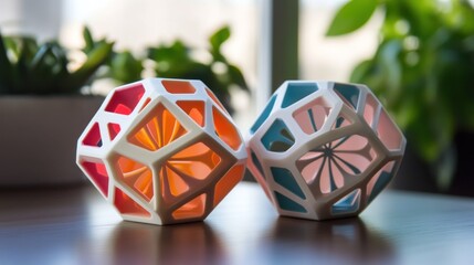 Colorful Geometrical Dodecahedron Sculptures on Tabletop